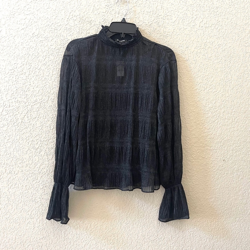 EXPRESS TOP BLOUSE MOCK NECK LONG SLEEVES RUCHED SHIMMER BLACK NWT SMALL